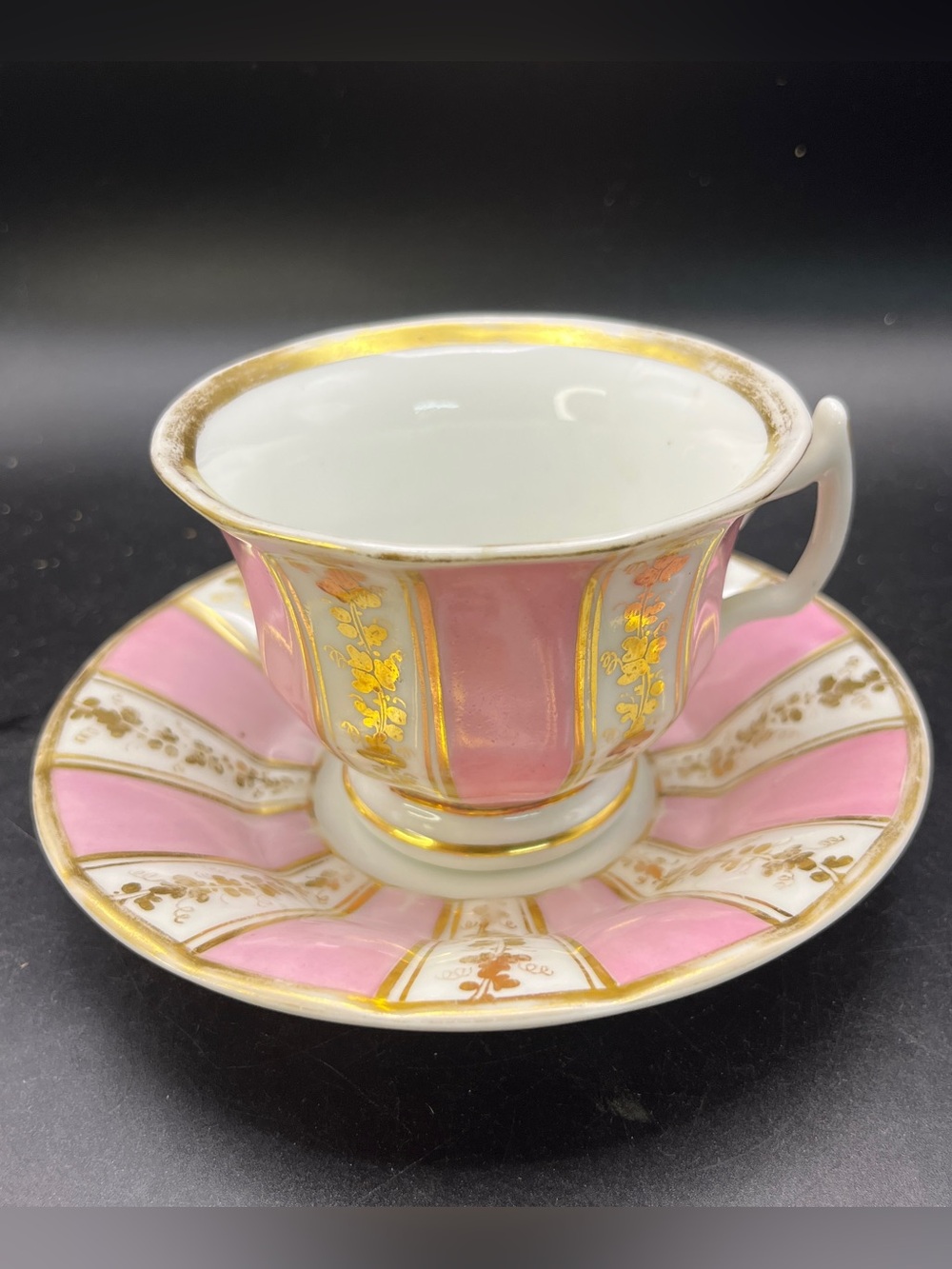 Vintage Japanese Porcelain Teacup Saucer Pink White Paneled Gold Gilt #144 MCM
